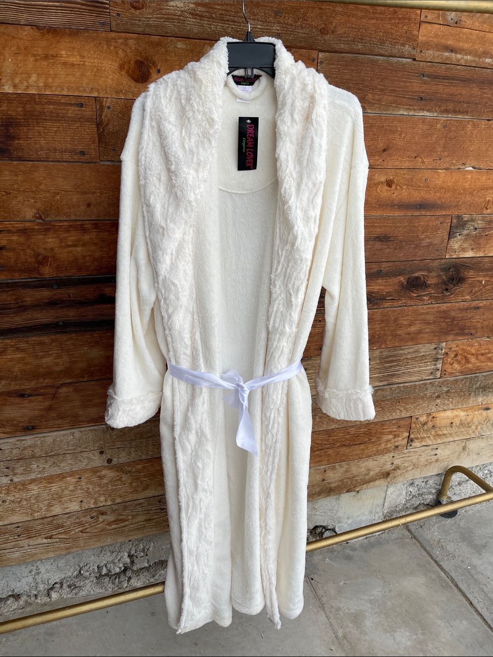 Women's Cream Plush Shawl-Collar Robe with Belt